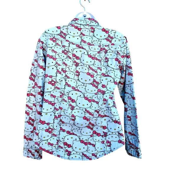 Hello Kitty Pearl Snap Shirt Cotton Long Sleeve Western Womens S Blue Gray - Picture 3 of 10